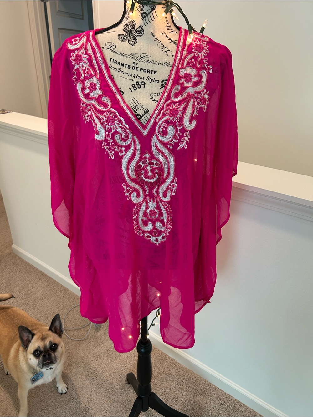 Spiaggia Dolce Hot Pink Embroidered V-Neck Sheer Tunic L/XL - Picture 3 of 10